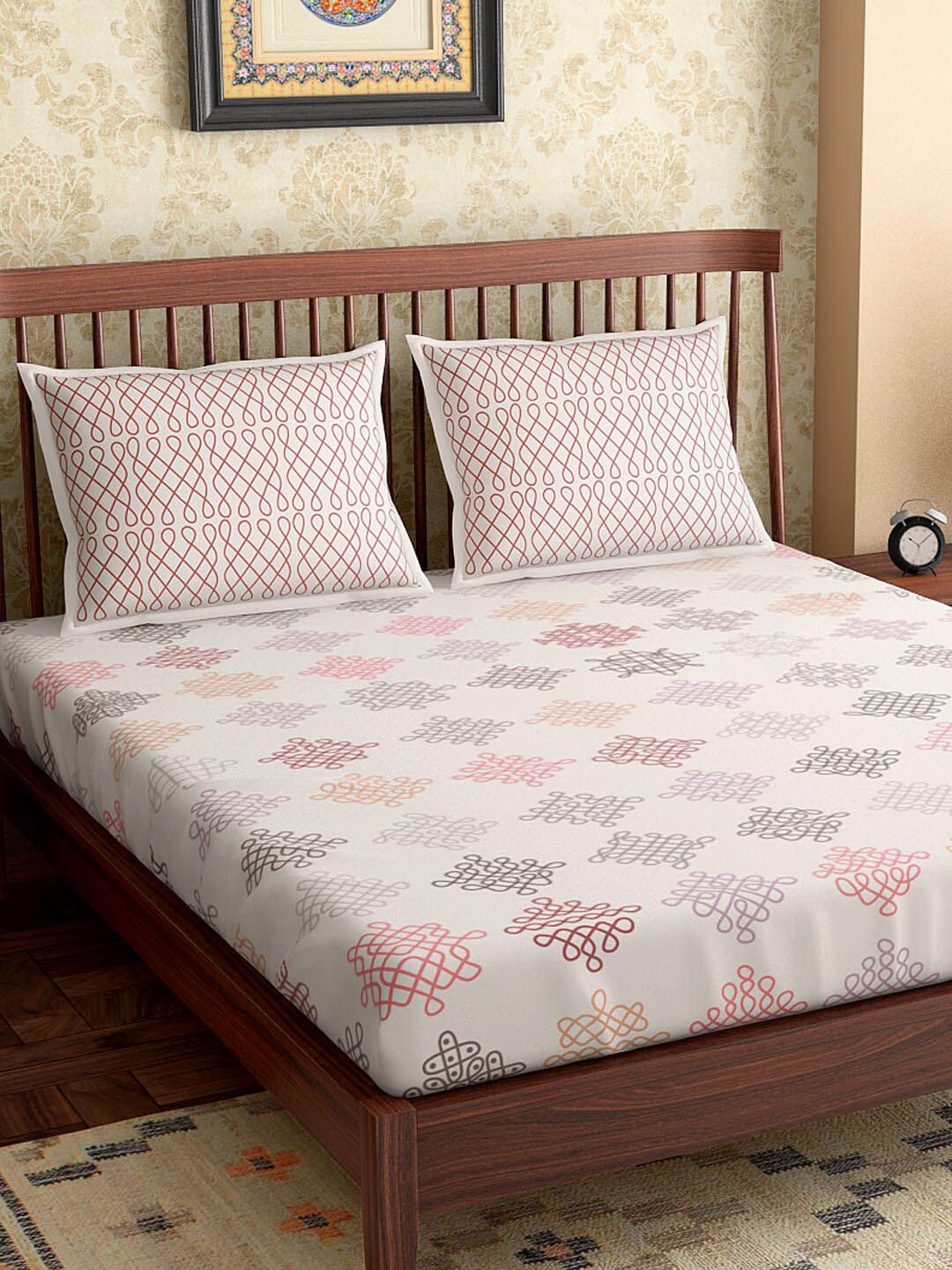 PETAL HOME Off-White Abstract 300 TC Cotton 1 Queen Bedsheet with 2 Pillow Covers Price in India