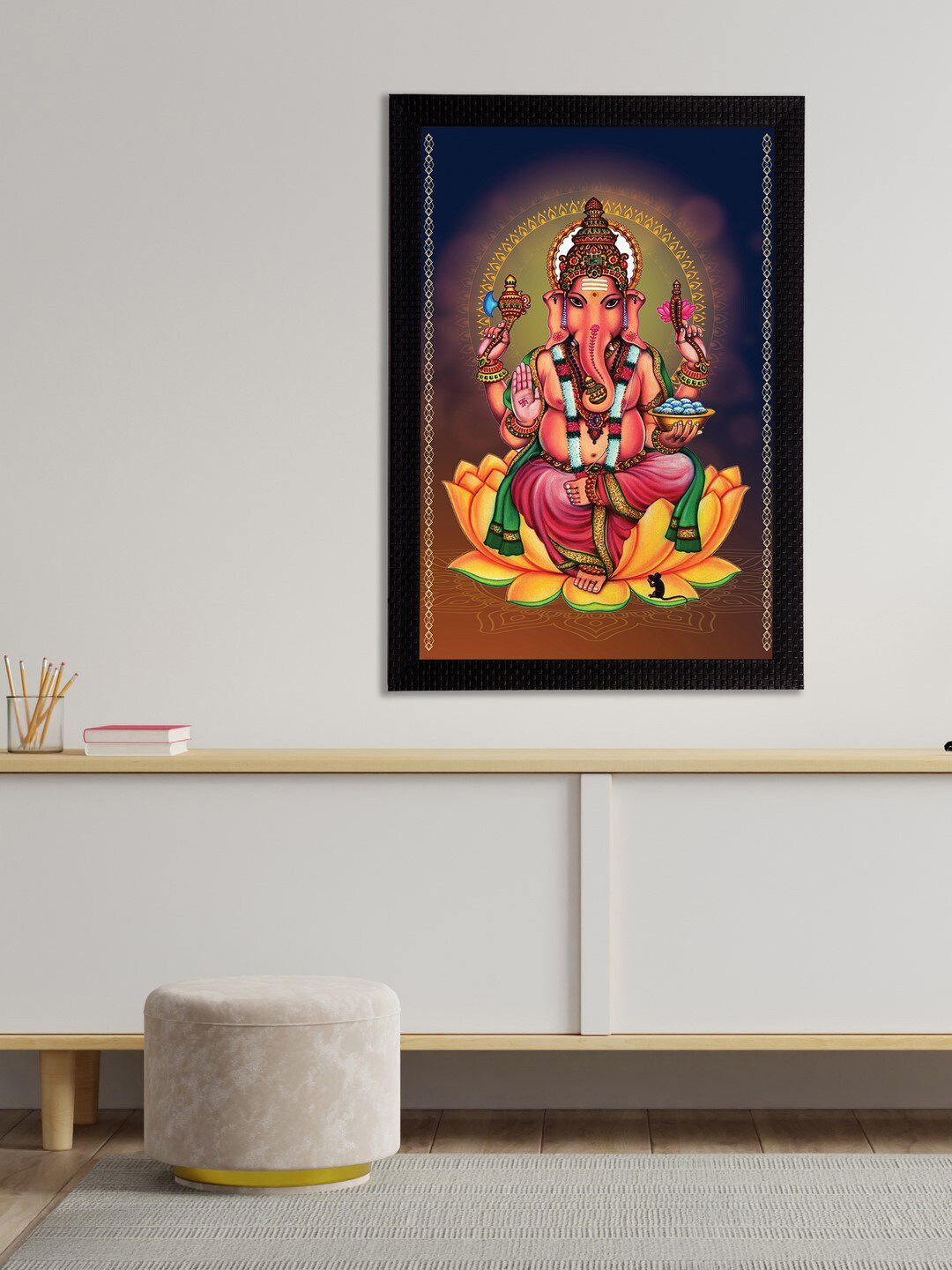 eCraftIndia Blue & Orange Lord Ganesha Satin Matt Texture Framed UV Wall Art Painting Price in India