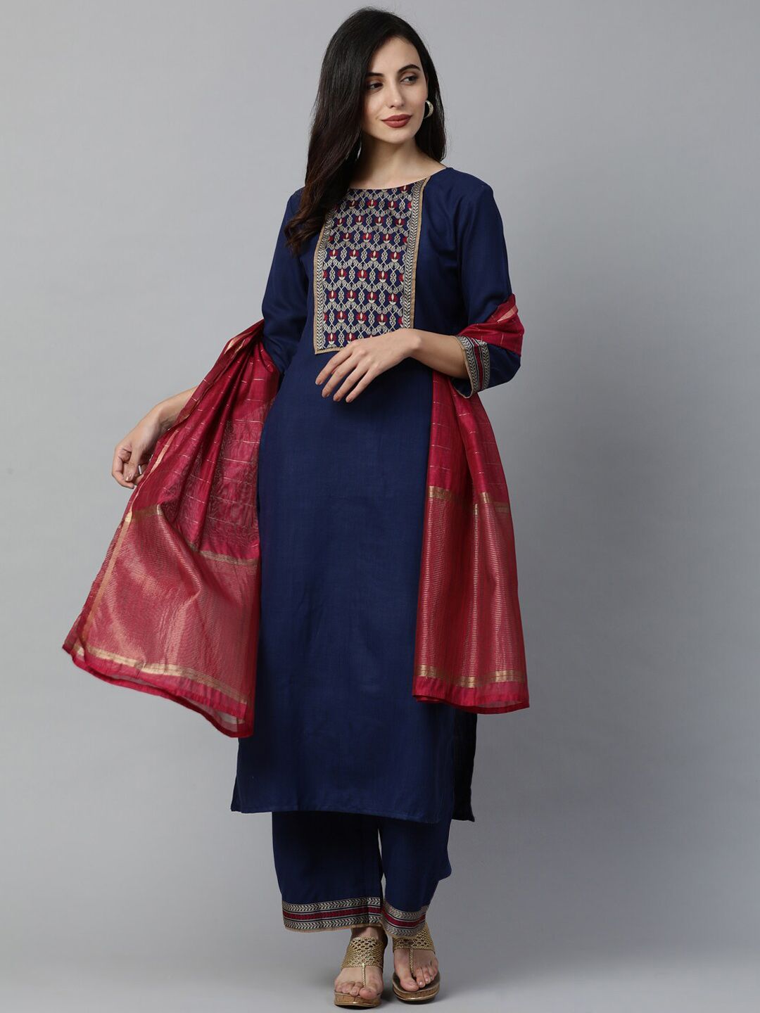 Indo Era Women Navy Blue & Red Yoke Design Kurta with Trousers & Dupatta Price in India