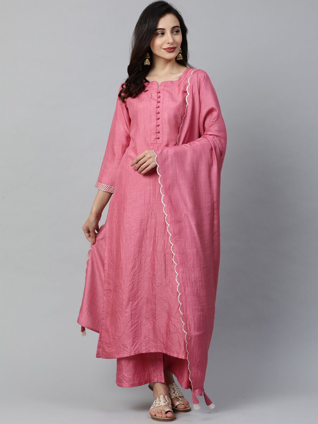 Indo Era Women Pink & Gold-Coloured Solid Kurta with Palazzos & Dupatta Price in India