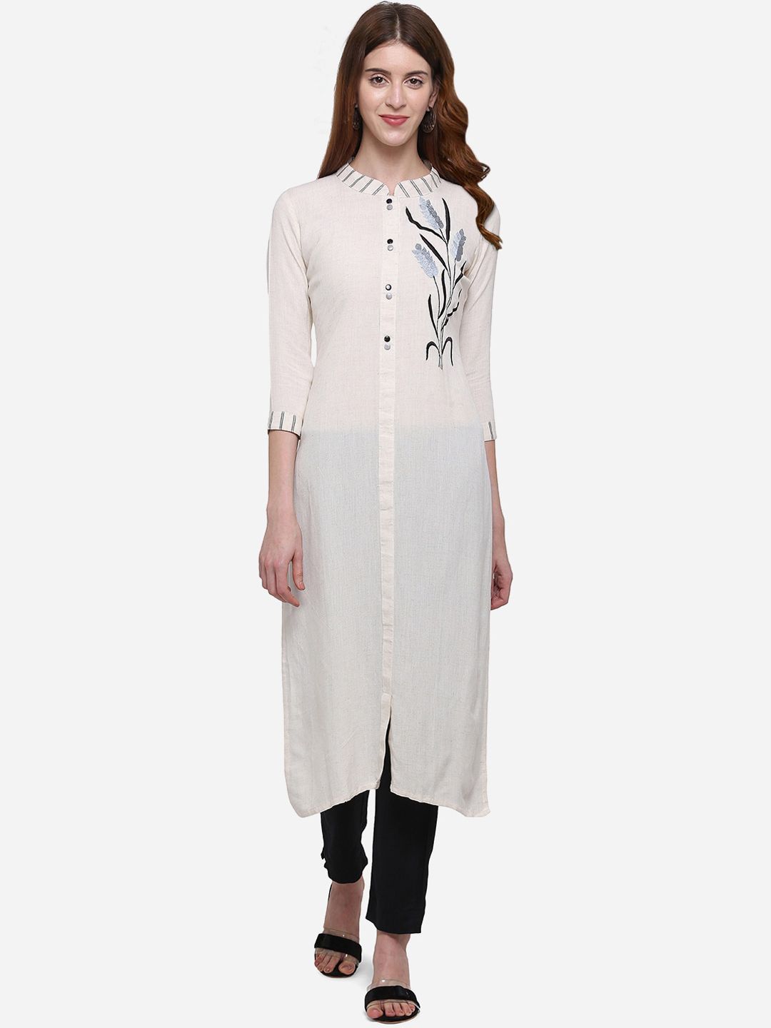 Kvsfab Women Off-White & Black Embroidered Kurta with Trousers