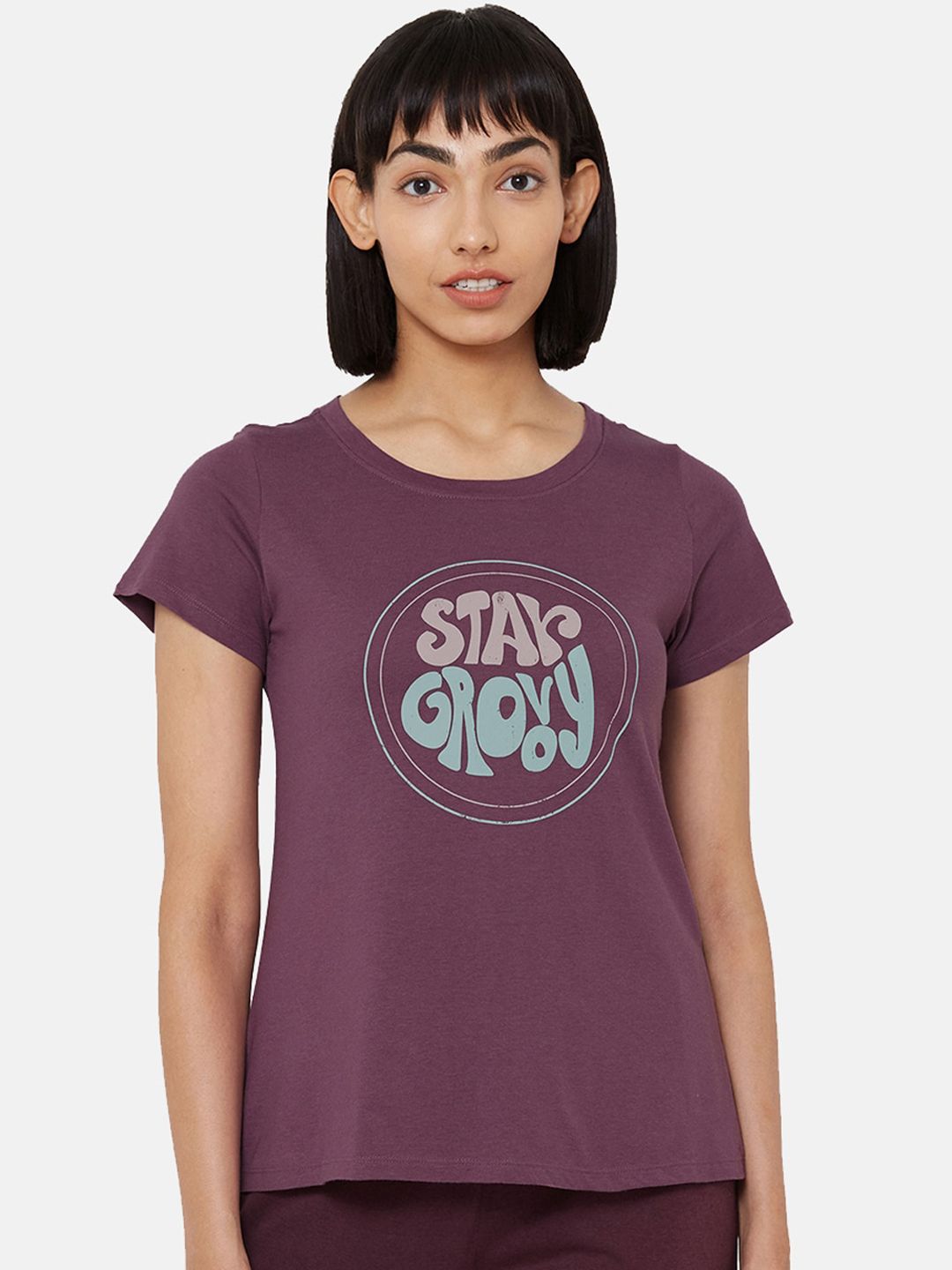 Soie Women Purple & Blue Printed Lounge T-shirt Price in India