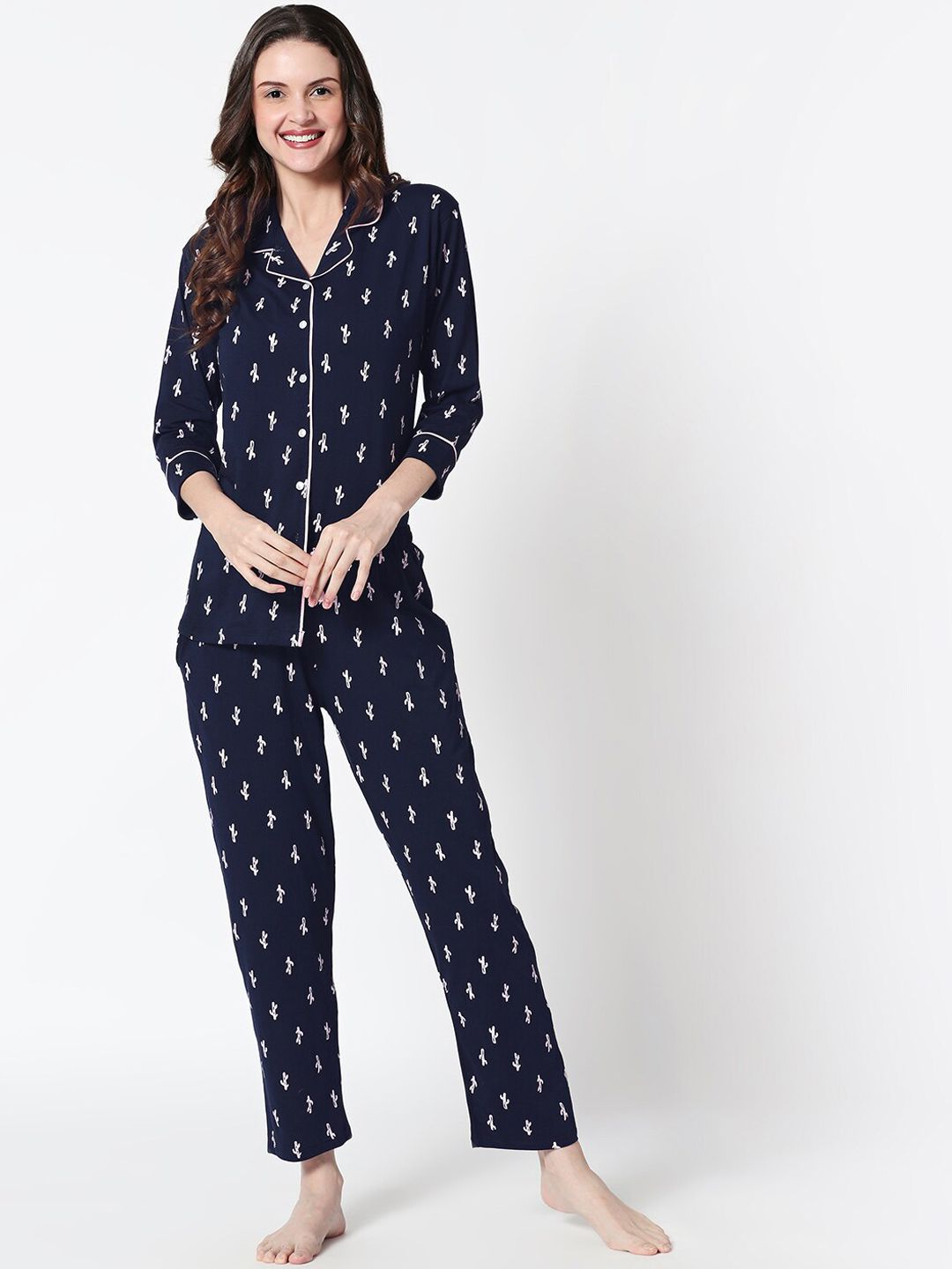 Zeyo Women Navy Blue Printed Night suit Price in India