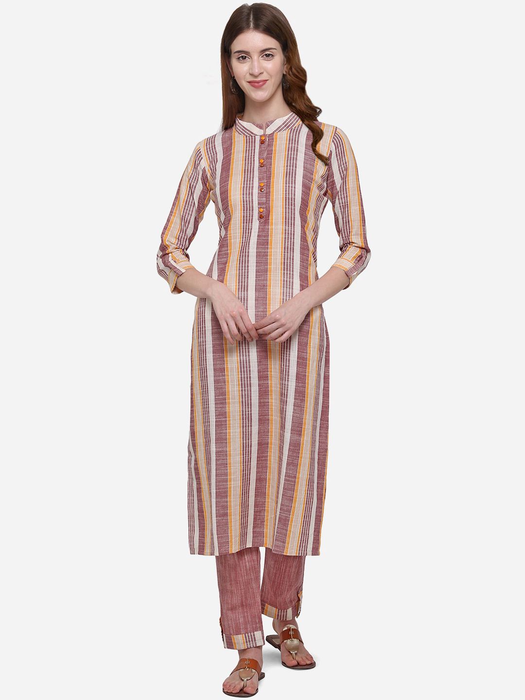 Kvsfab Women Grey & Yellow Striped Kurta with Salwar