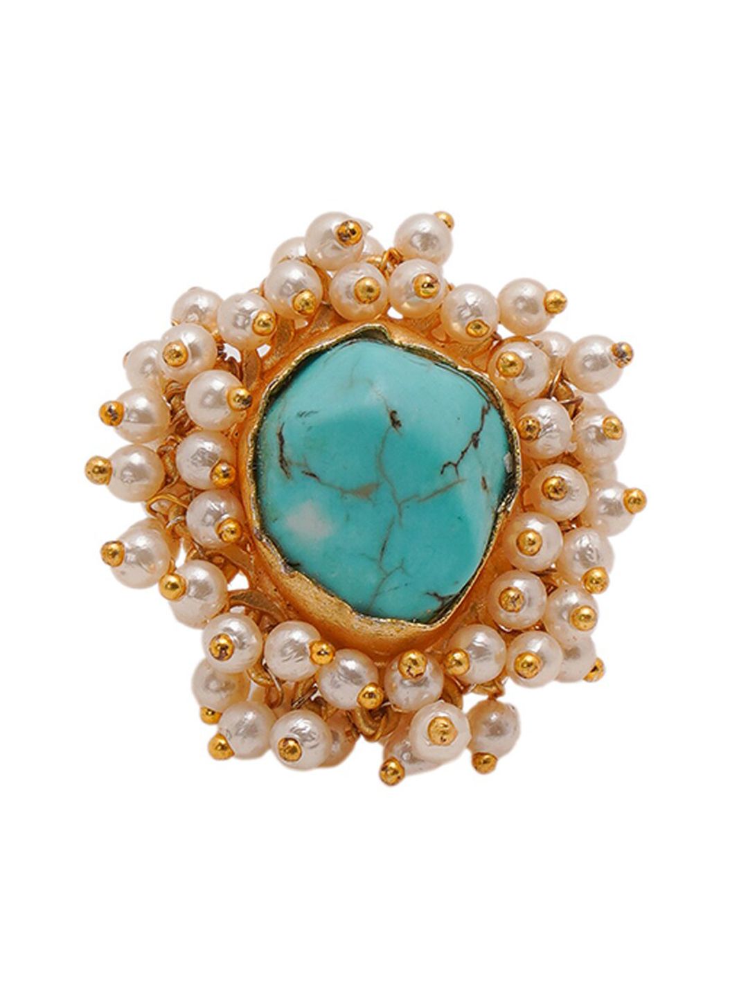 Shoshaa Women Gold-Plated & Turquoise Blue Stone-Studded Adjustable Handcrafted Finger Ring Price in India