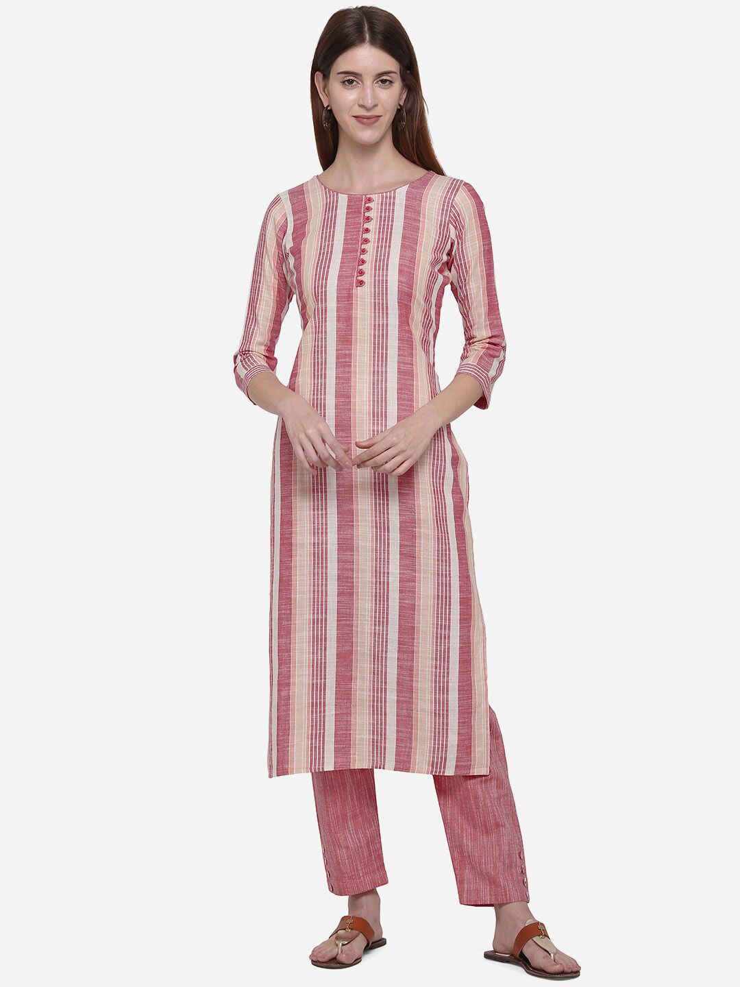 Kvsfab Women Pink & Beige Striped Kurta with Trousers