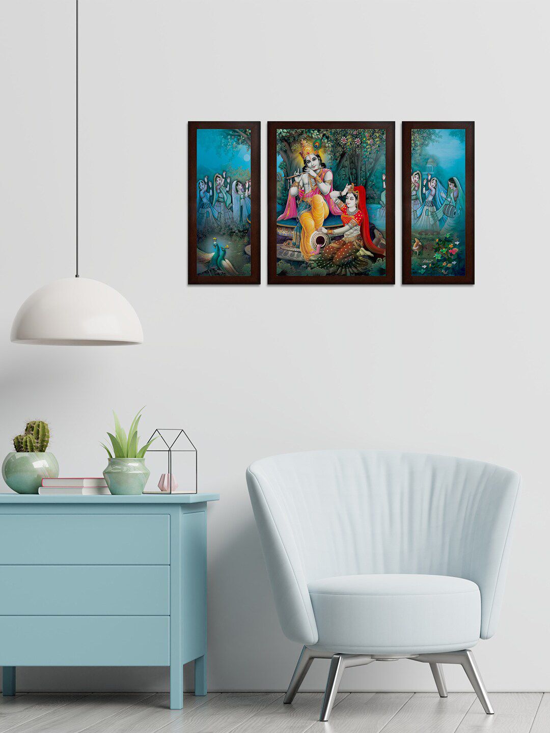 WENS Set Of 3 Blue & Green Krishna Playing Flute MDF Wall Paintings Price in India