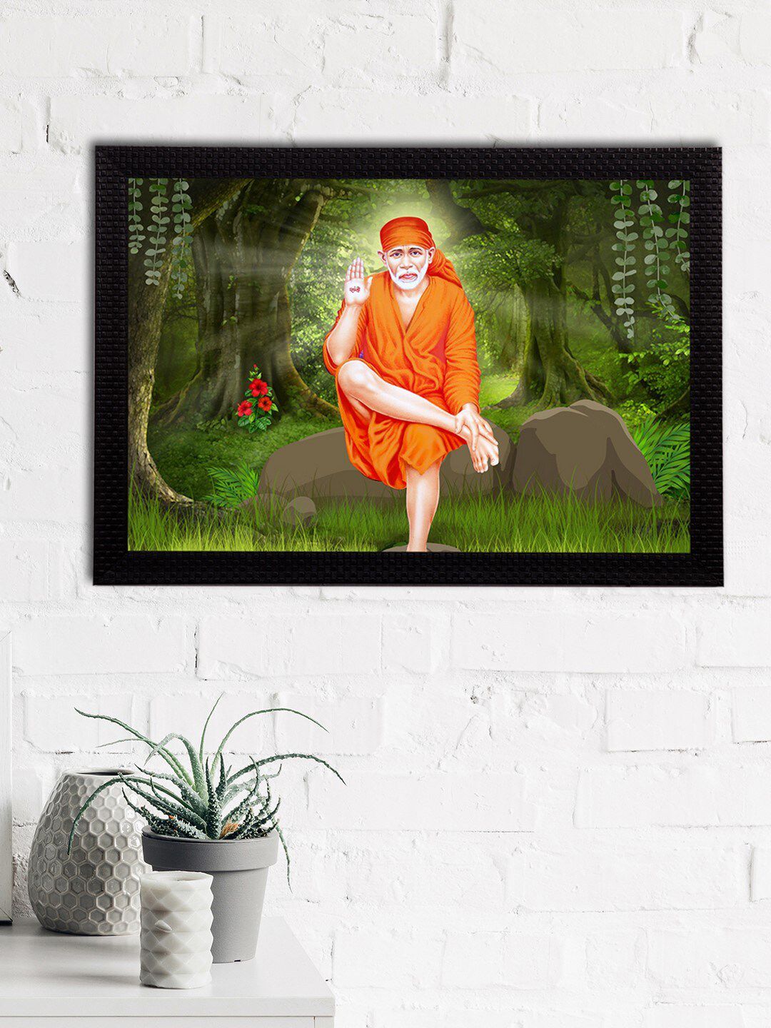 eCraftIndia Green & Orange Sai Baba Satin Matt Texture Framed UV Wall Art Painting Price in India