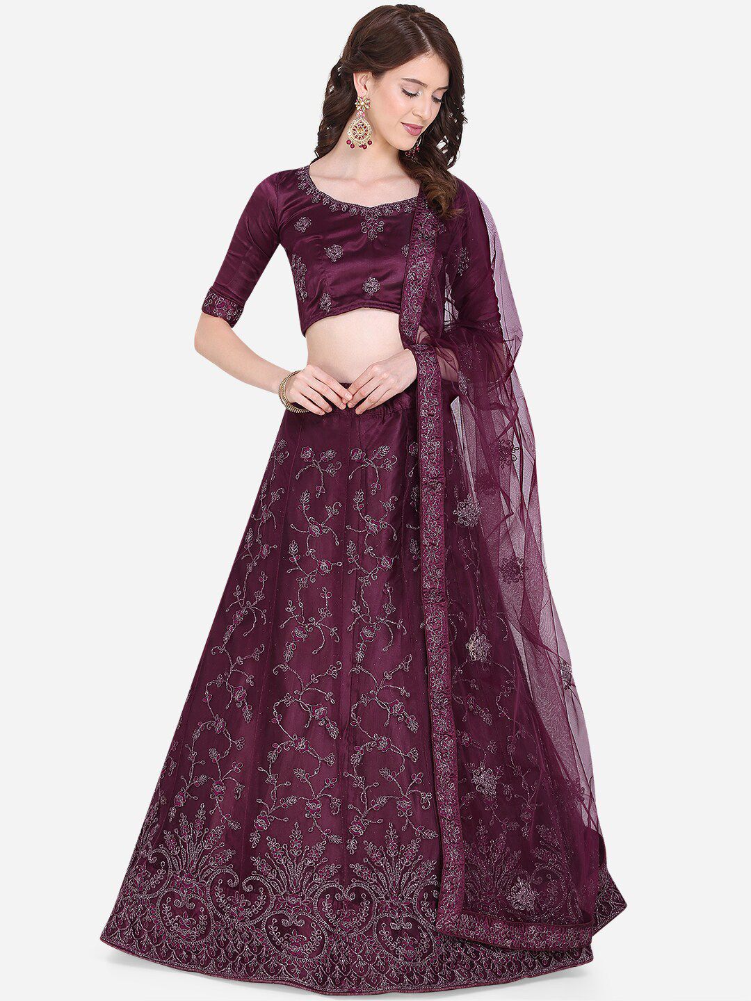 Mitera Burgundy Semi-Stitched Lehenga & Blouse with Dupatta