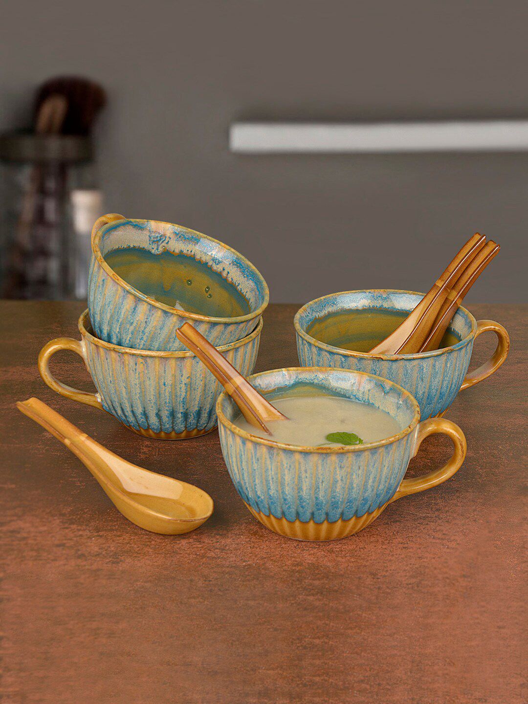 StyleMyWay Set of 4 Teal Handmade Soup Serving Bowls with Spoons 300 ml each Price in India