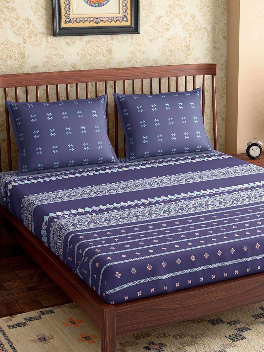 PETAL HOME Navy Blue & Off-White Geometric 300 TC Cotton 1 Queen Bedsheet with 2 Pillow Covers Price in India