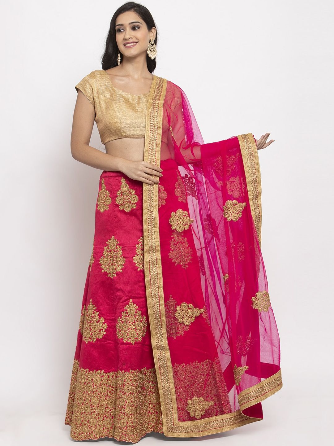 PACHE Pink & Pink Embroidered Semi-Stitched Lehenga & Unstitched Blouse with Dupatta