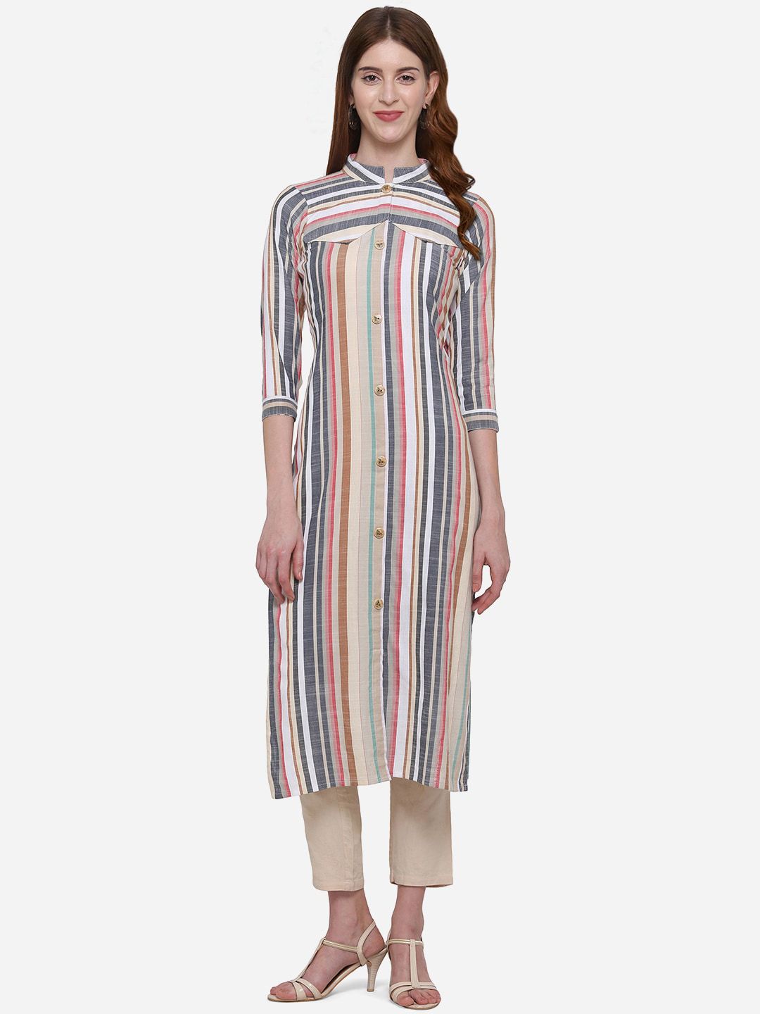 Kvsfab Women White & Blue Striped Straight Kurta