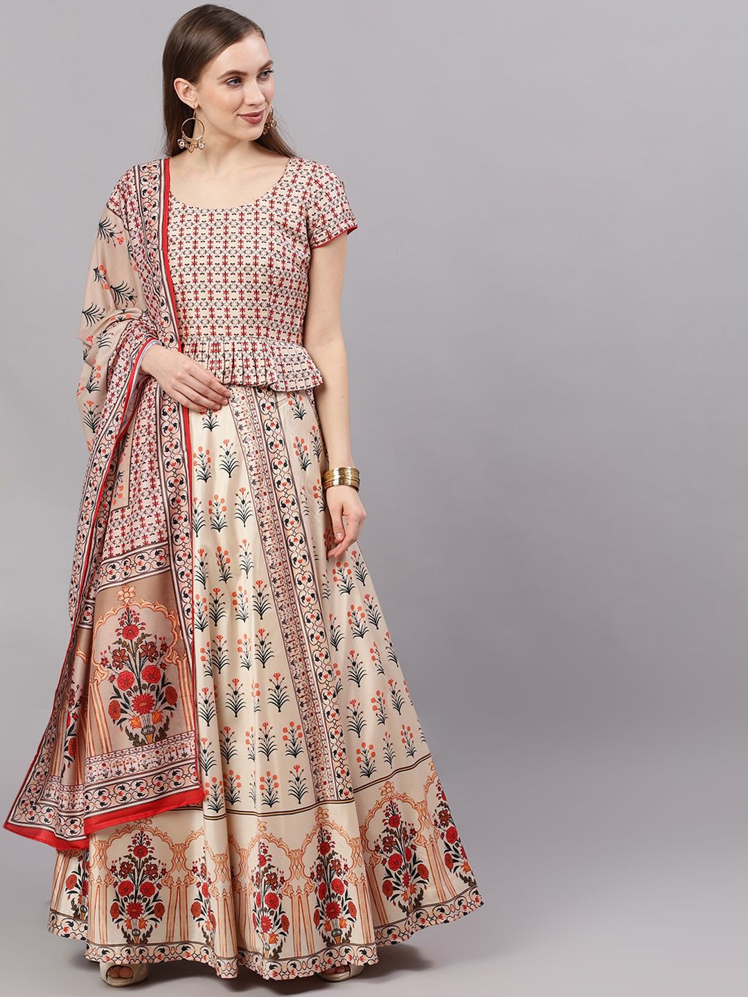 AKS Cream-Coloured & Red Printed Ready to Wear Lehenga & Blouse with Dupatta