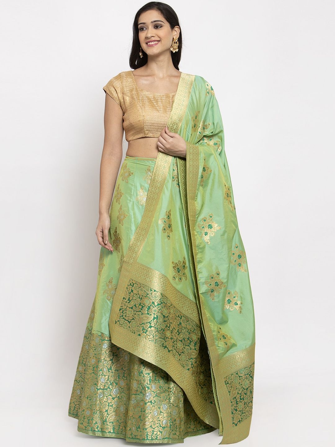 PACHE Green & Gold-Toned Woven Design Semi-Stitched Lehenga & Unstitched Blouse with Dupatta