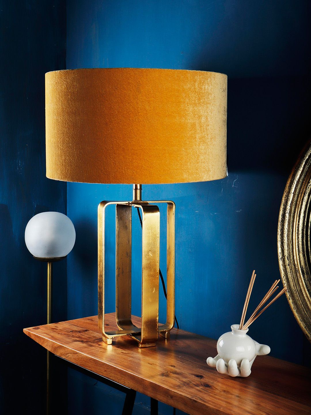 Grated Ginger Mustard Yellow Solid Contemporary Cross Table Lamp Price in India