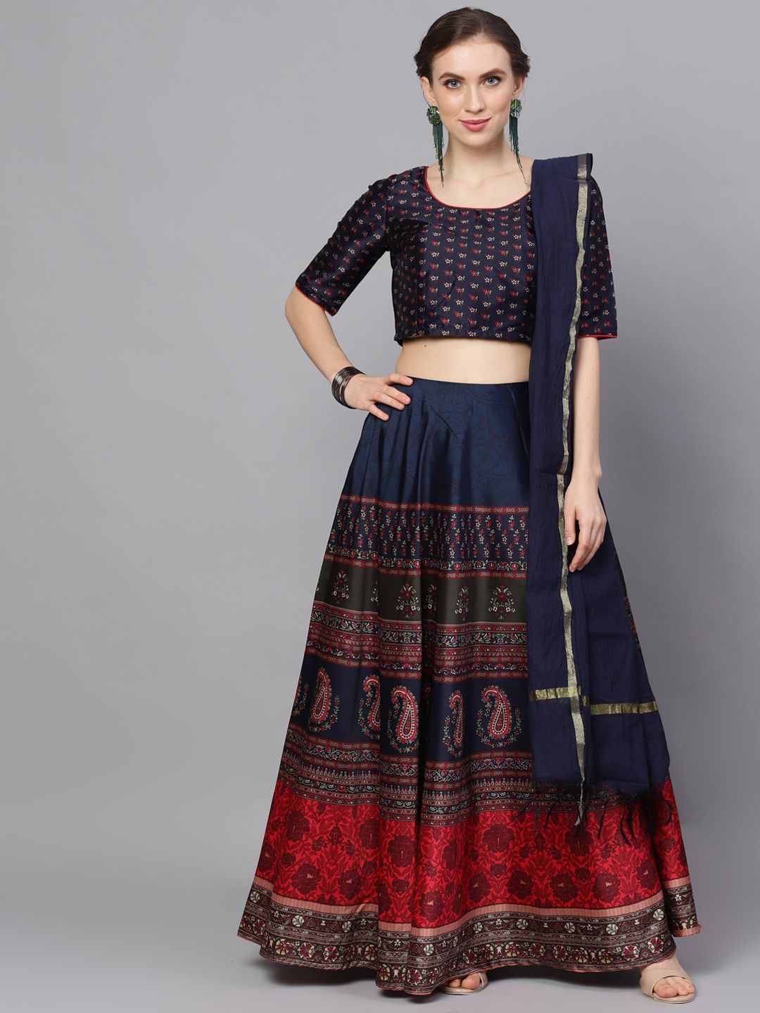 AKS Navy Blue & Red Printed Ready to Wear Lehenga & Blouse with Dupatta