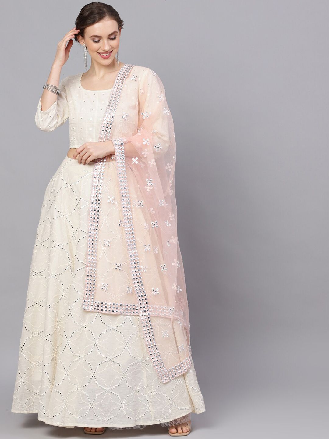 AKS White & Pink Embellished Ready to Wear Lehenga & Blouse with Dupatta