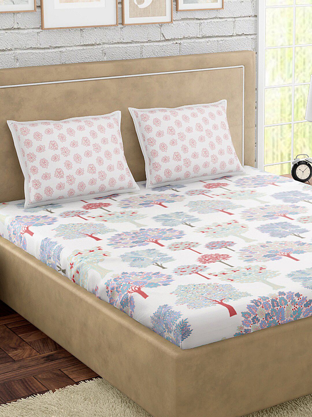 PETAL HOME White & Blue Floral 300 TC Cotton 1 Queen Bedsheet with 2 Pillow Covers Price in India