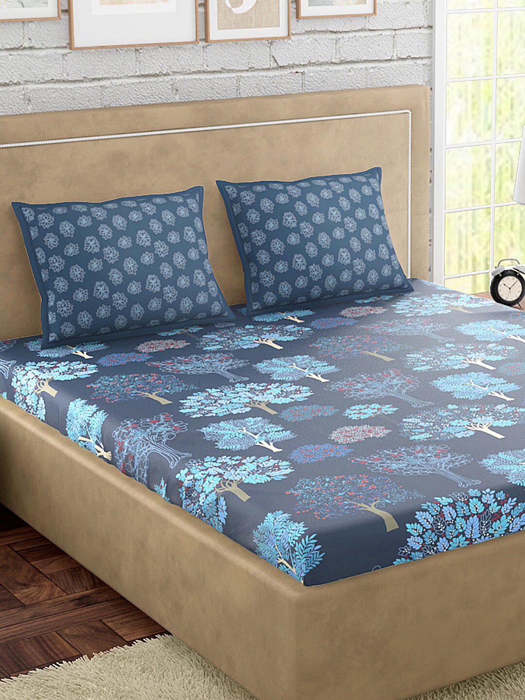 PETAL HOME Blue Floral 300 TC Cotton 1 Queen Bedsheet with 2 Pillow Covers Price in India