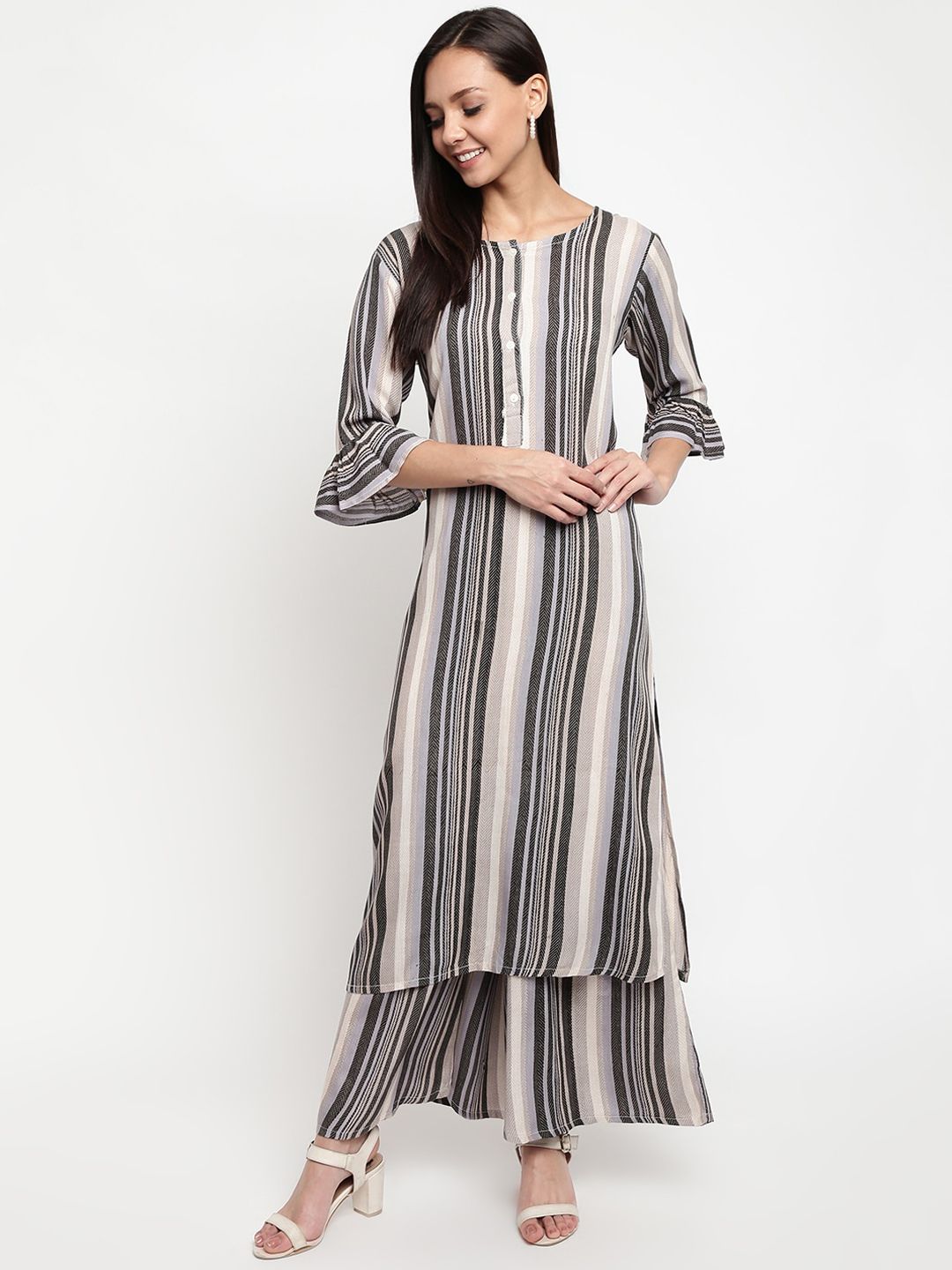 Napra Women Grey & Off-White Striped Kurta with Palazzos