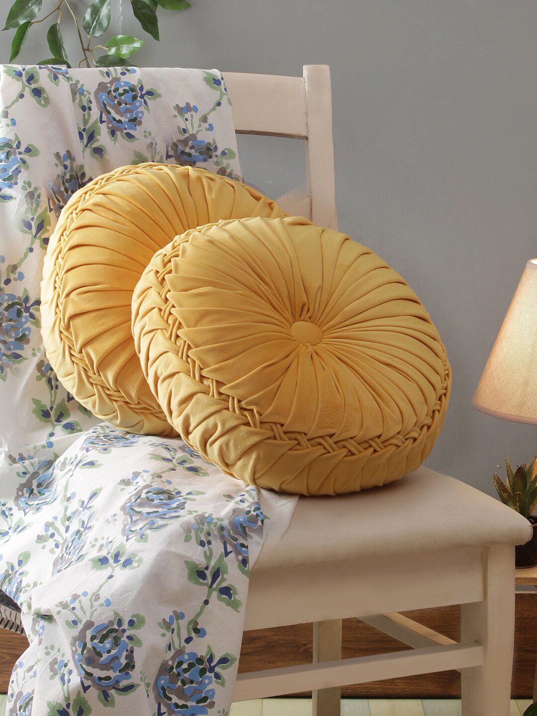 ROMEE Set Of 2 Yellow Solid Round Cushions Price in India