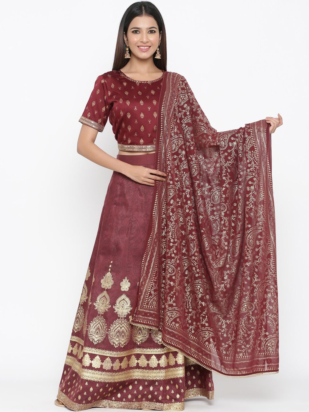 Juniper Brown & Gold-Toned Printed Ready to Wear Lehenga & Blouse with Dupatta