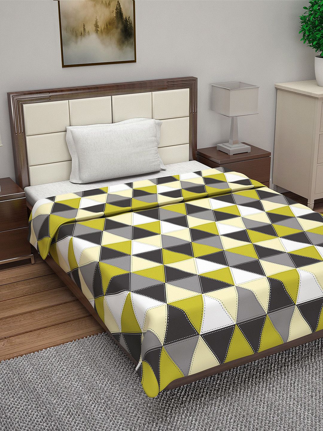 Divine Casa Yellow & Grey Geometric AC Room 110 GSM Single Bed Dohar Price in India