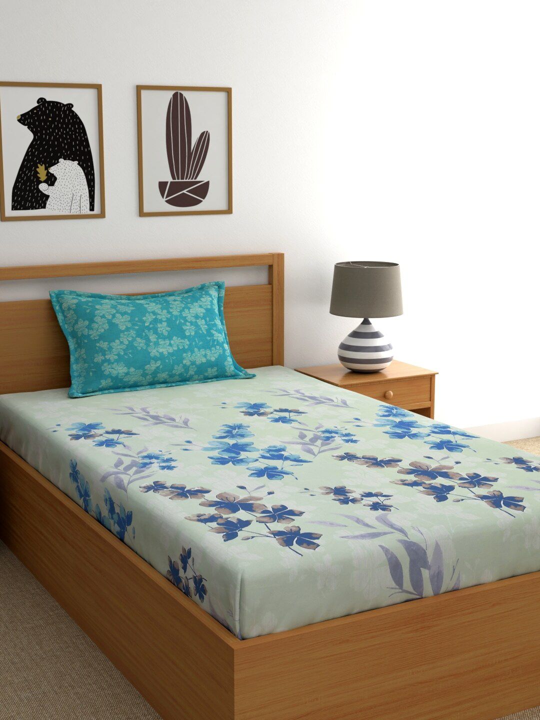 Home Ecstasy Blue & Green Floral 140 TC Cotton 1 Single Bedsheet with 1 Pillow Covers Price in India