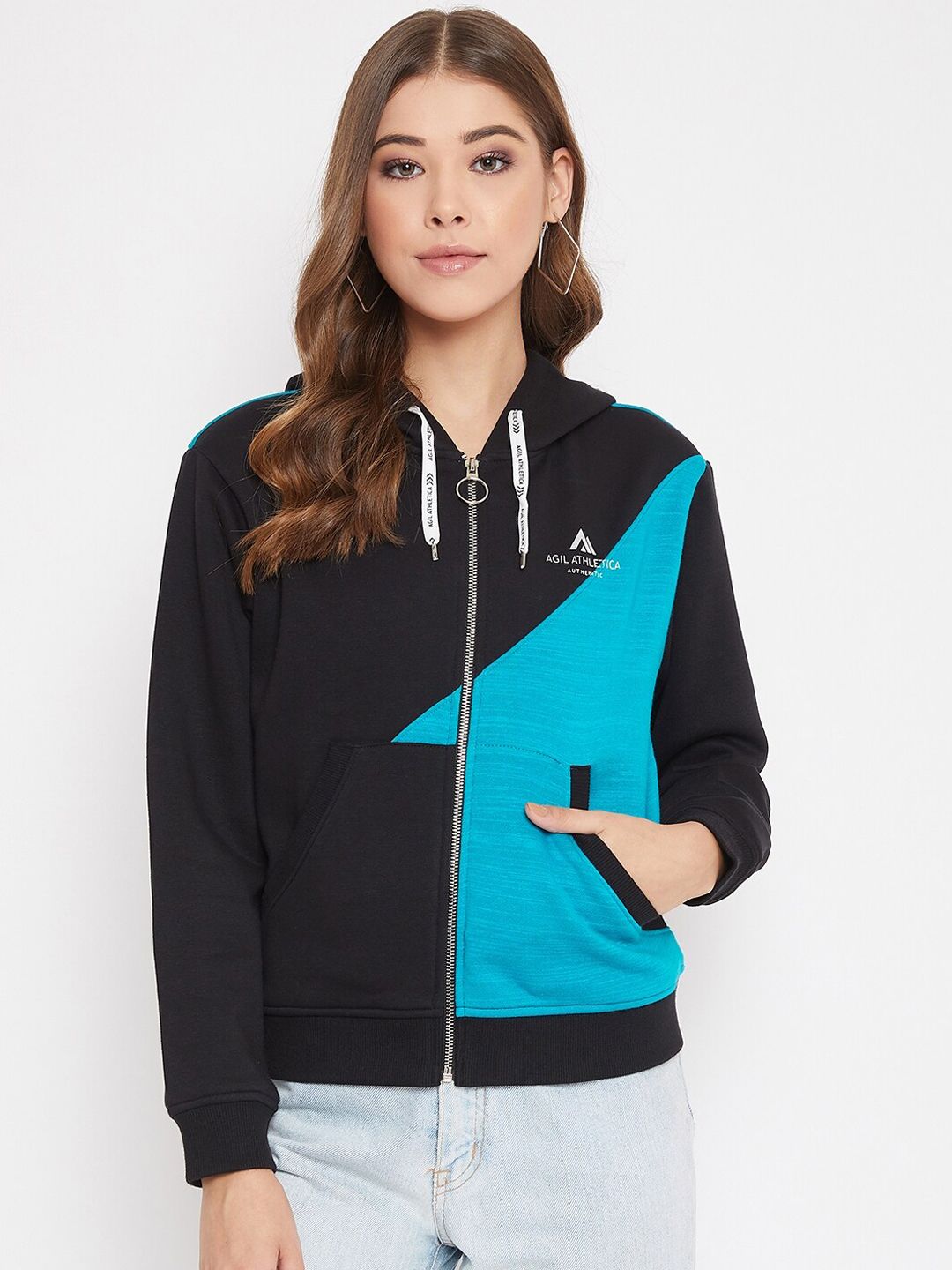 AGIL ATHLETICA Women Black & Blue Colourblocked Bomber Price in India