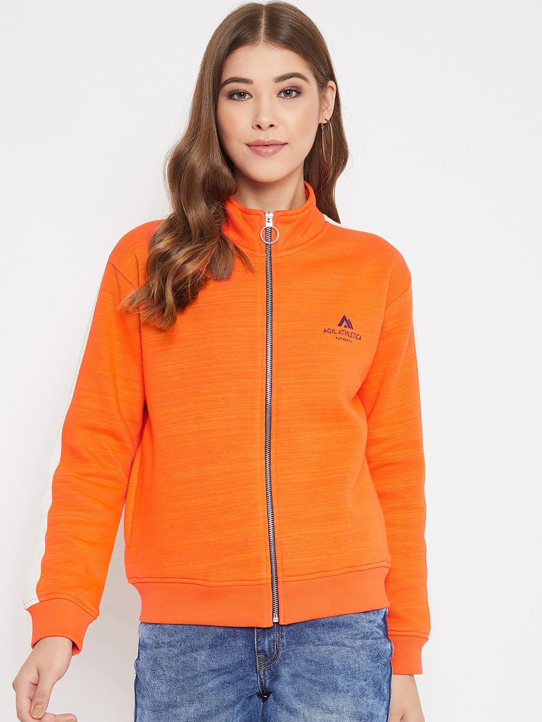 AGIL ATHLETICA Women Orange Striped Bomber Price in India