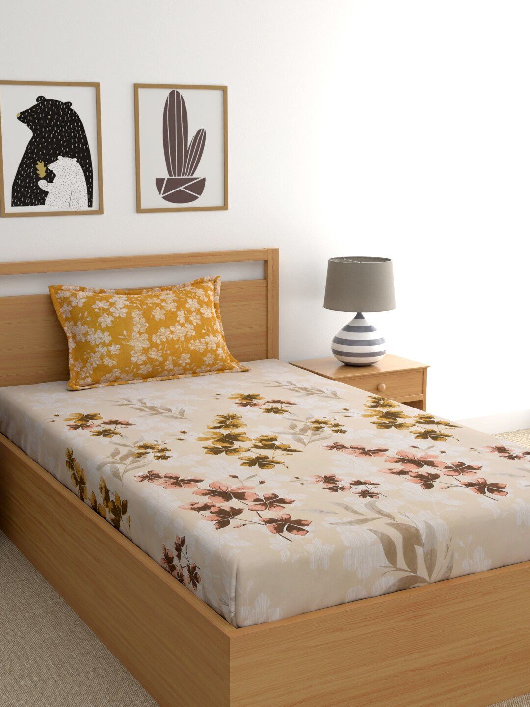 Home Ecstasy Beige Floral 140 TC Cotton 1 Single Bedsheet with 1 Pillow Covers Price in India