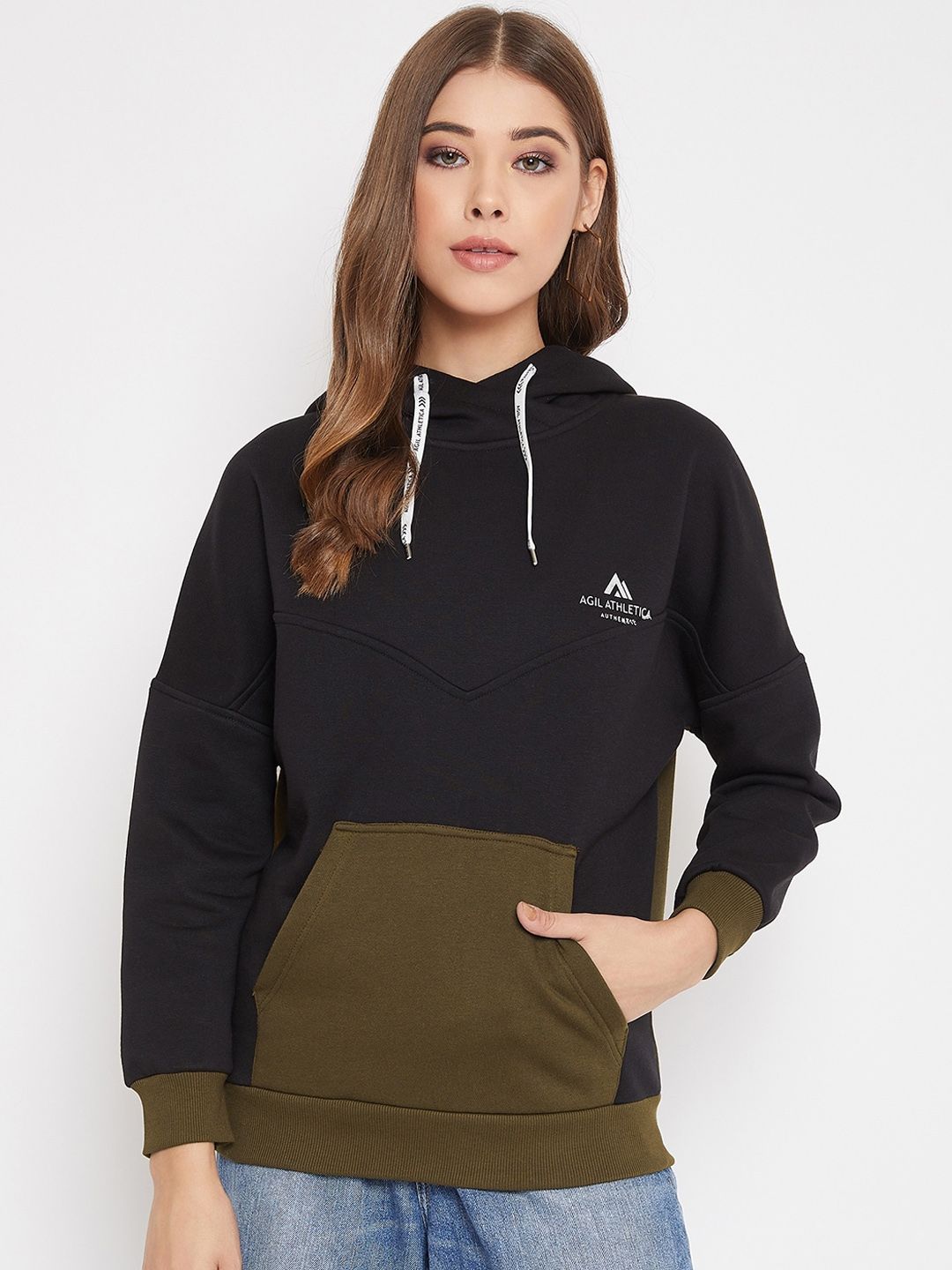 AGIL ATHLETICA Women Black & Olive Green Colourblocked Hooded Sweatshirt Price in India