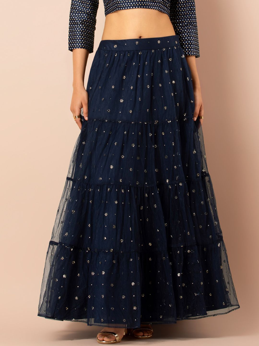 INDYA Navy Blue Embroidered Tiered Maxi Skirt