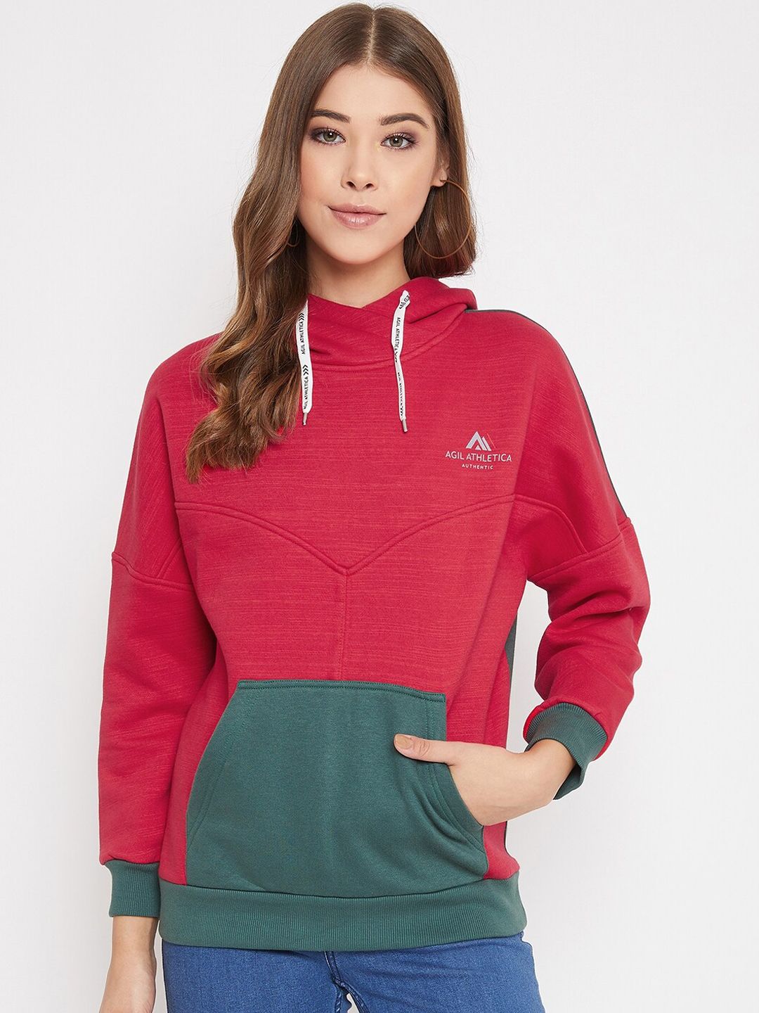 AGIL ATHLETICA Women Red & Green Colourblocked Hooded Sweatshirt Price in India