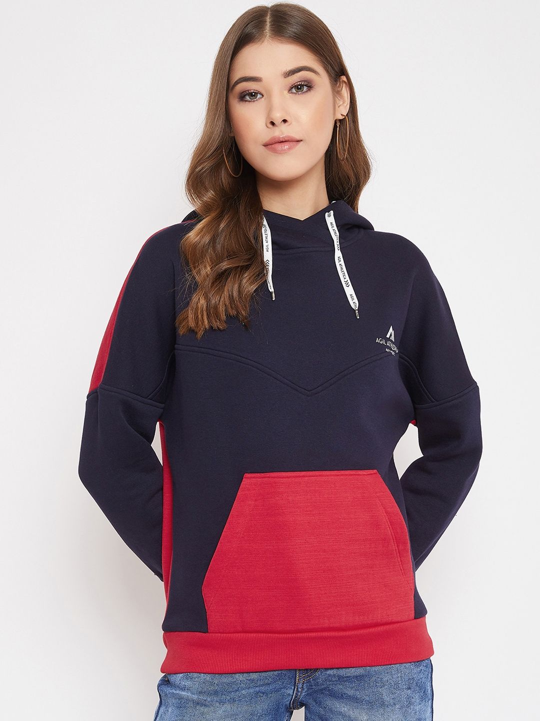 AGIL ATHLETICA Women Blue & Red Colourblocked Hooded Sweatshirt Price in India