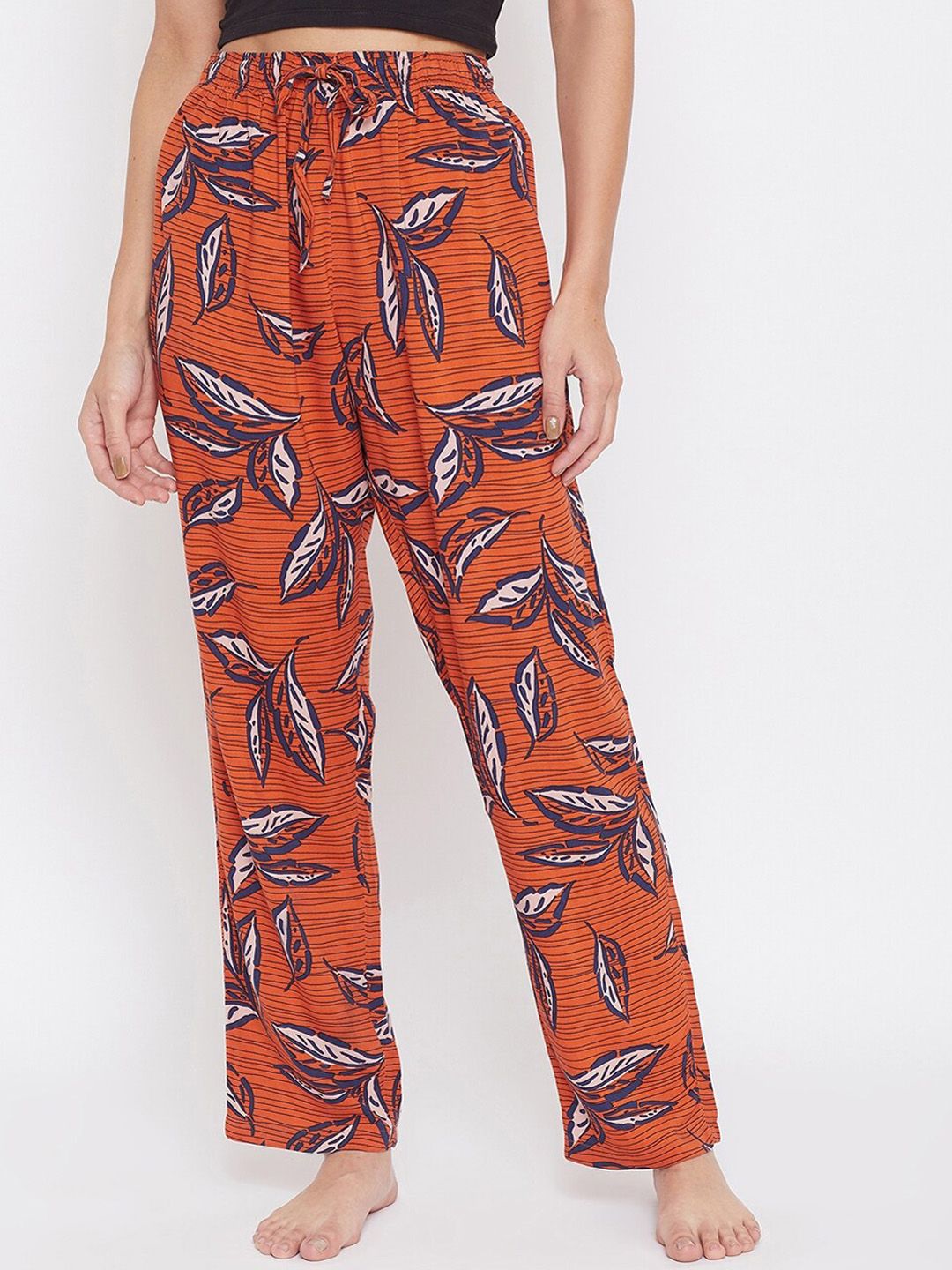 Crimsoune Club Women Orange & Navy Printed Lounge Pants Price in India