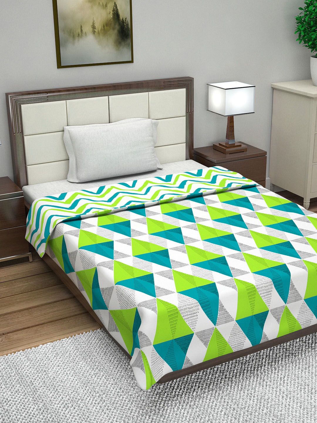 Divine Casa Green & Turquoise Blue Geometric AC Room 110 GSM Single Bed Dohar Price in India