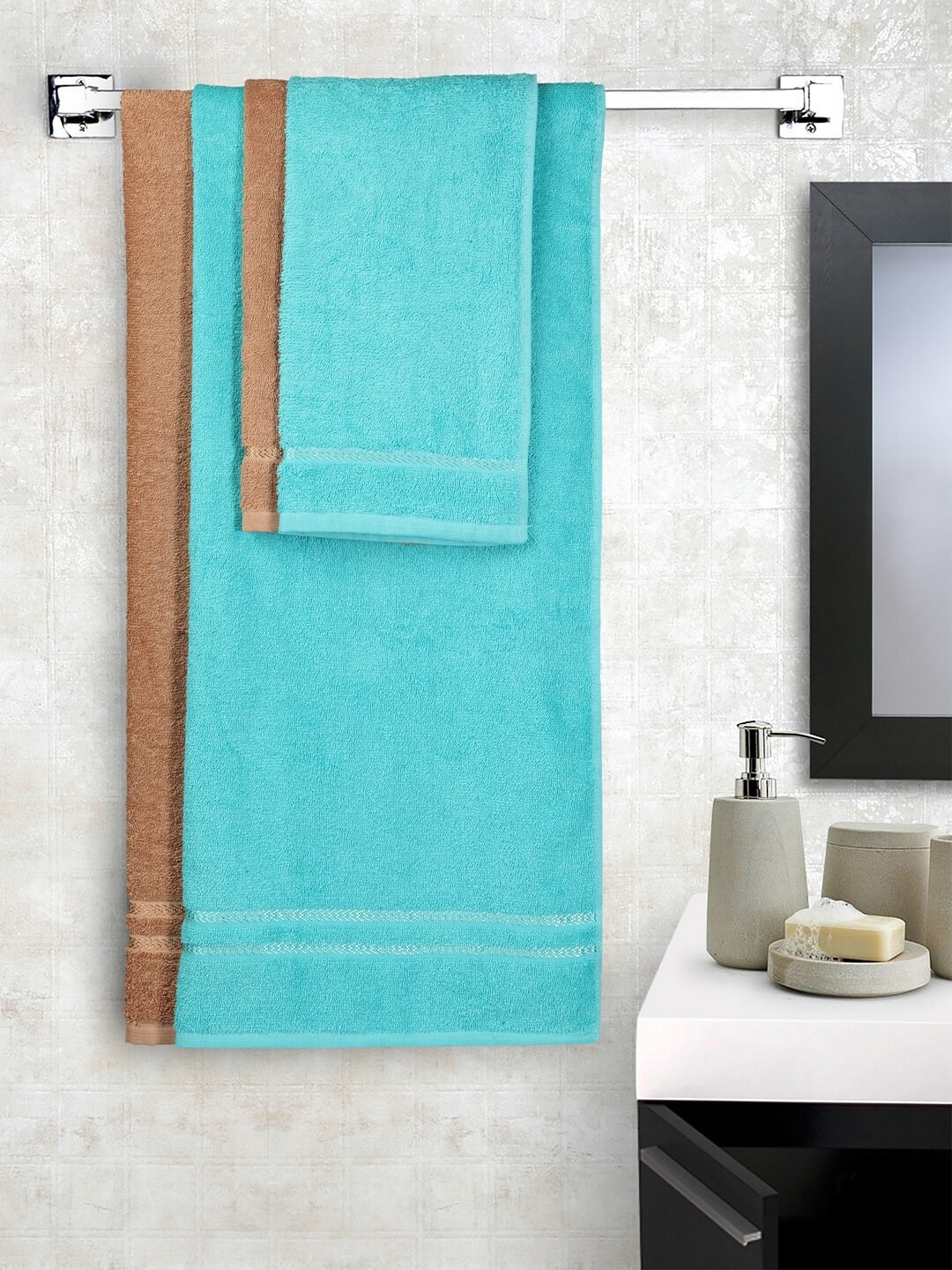 CORE Designed by SPACES Set of 4 Brown & Turquoise Blue Solid 380 GSM Towel Set Price in India