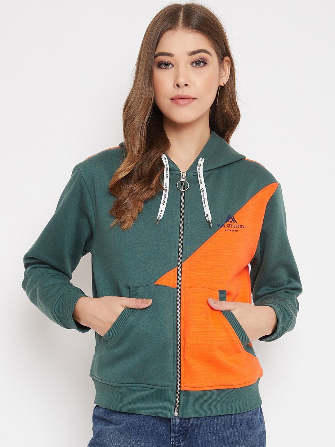 AGIL ATHLETICA Women Green & Orange Colourblocked Hooded Sweatshirt Price in India