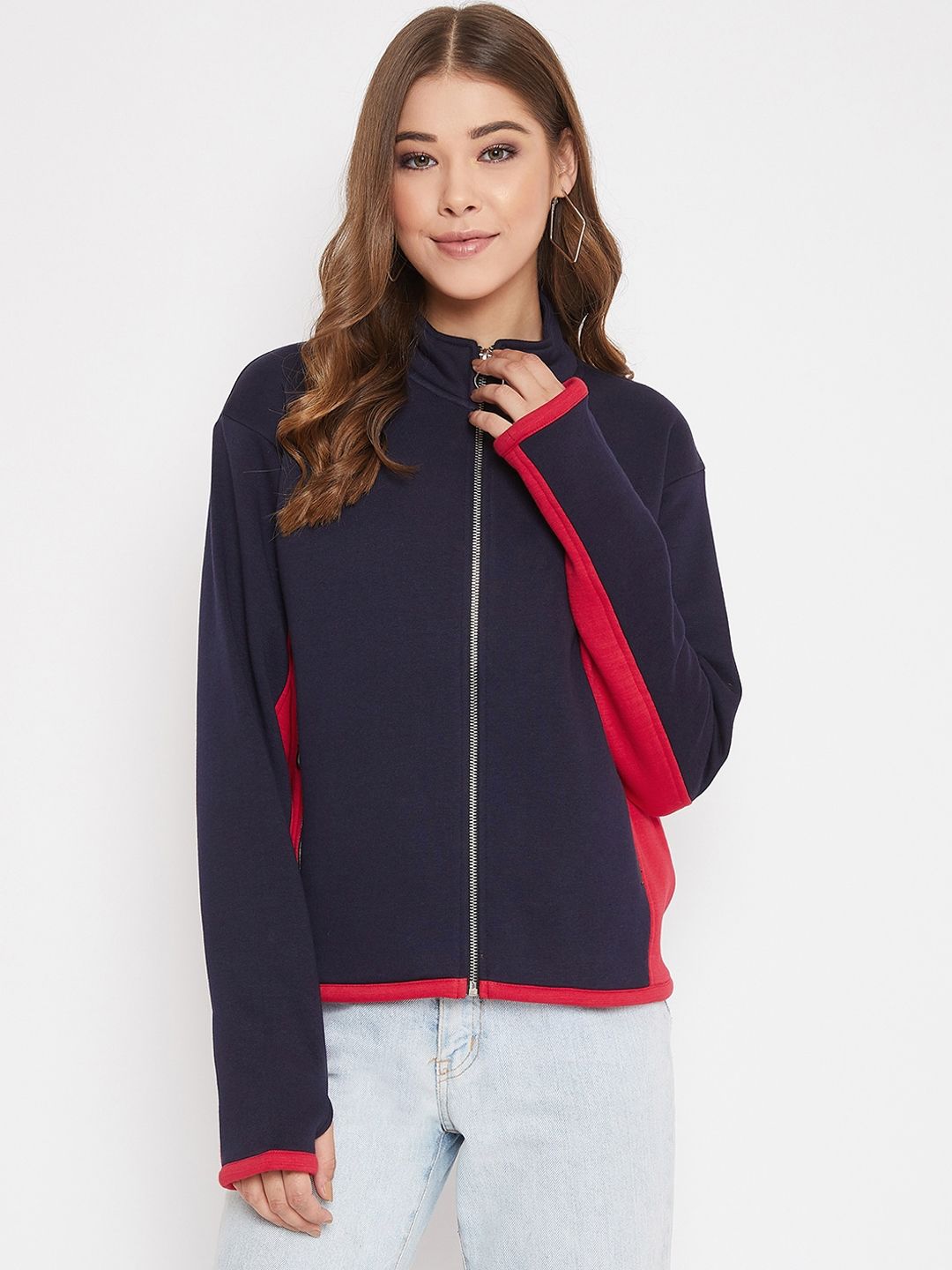 AGIL ATHLETICA Women Navy Blue & Red Colourblocked Tailored Jacket Price in India