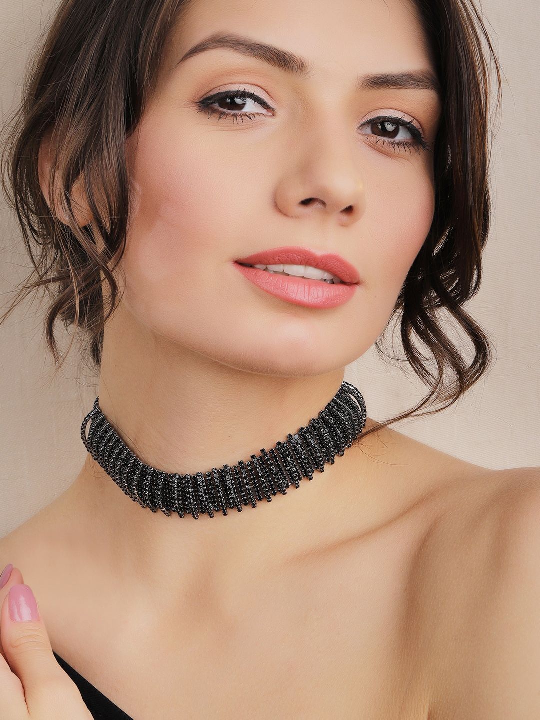 Rubans Black Metal Handcrafted Rhinestone Choker Price in India