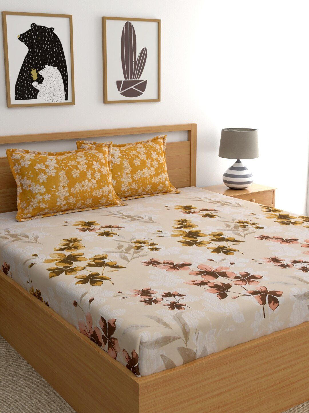 Home Ecstasy Beige & Yellow Floral 140 TC Cotton 1 Queen Bedsheet with 2 Pillow Covers Price in India