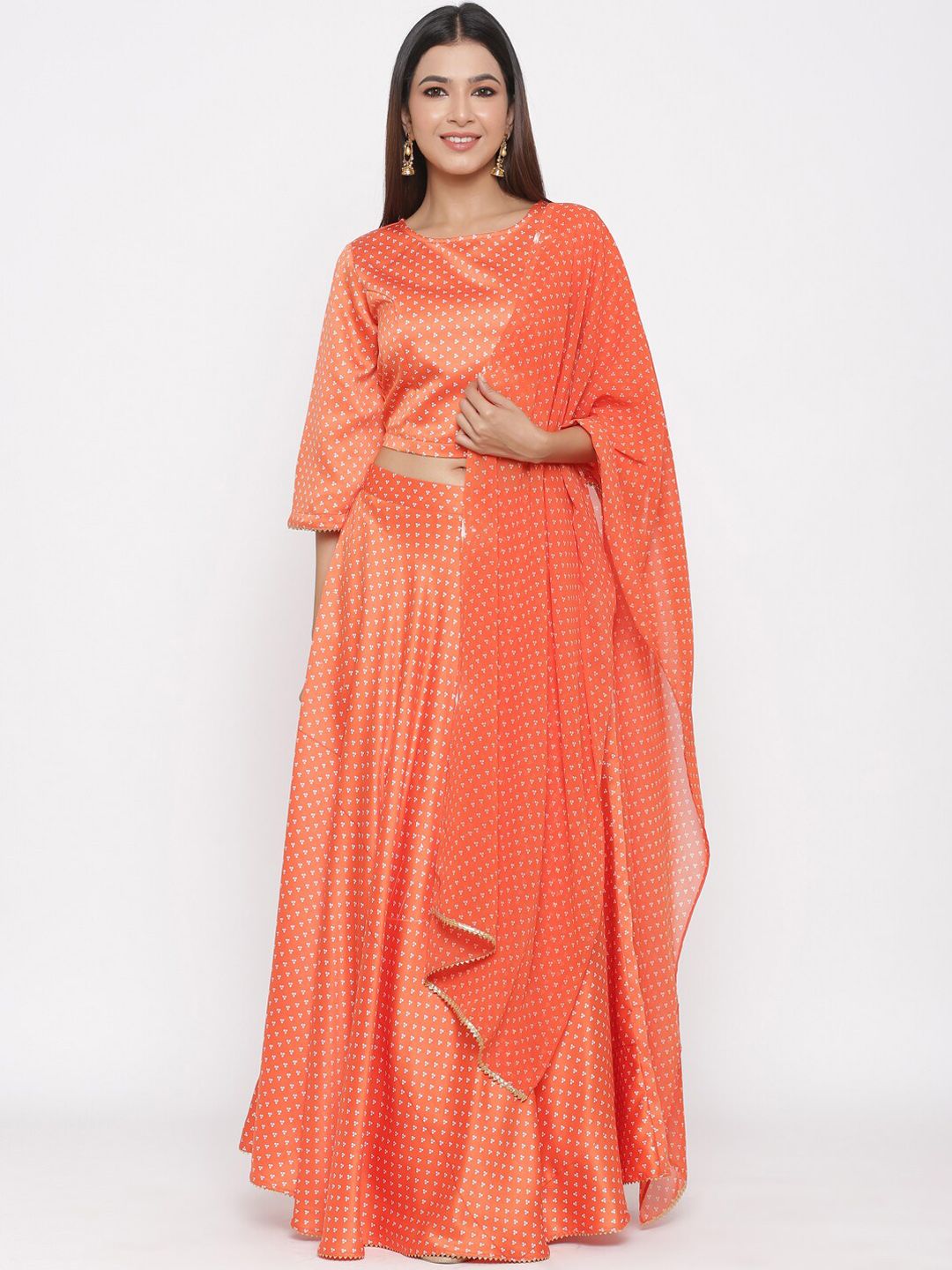 Juniper Orange & Off-White Printed Ready to Wear Lehenga & Blouse with Dupatta