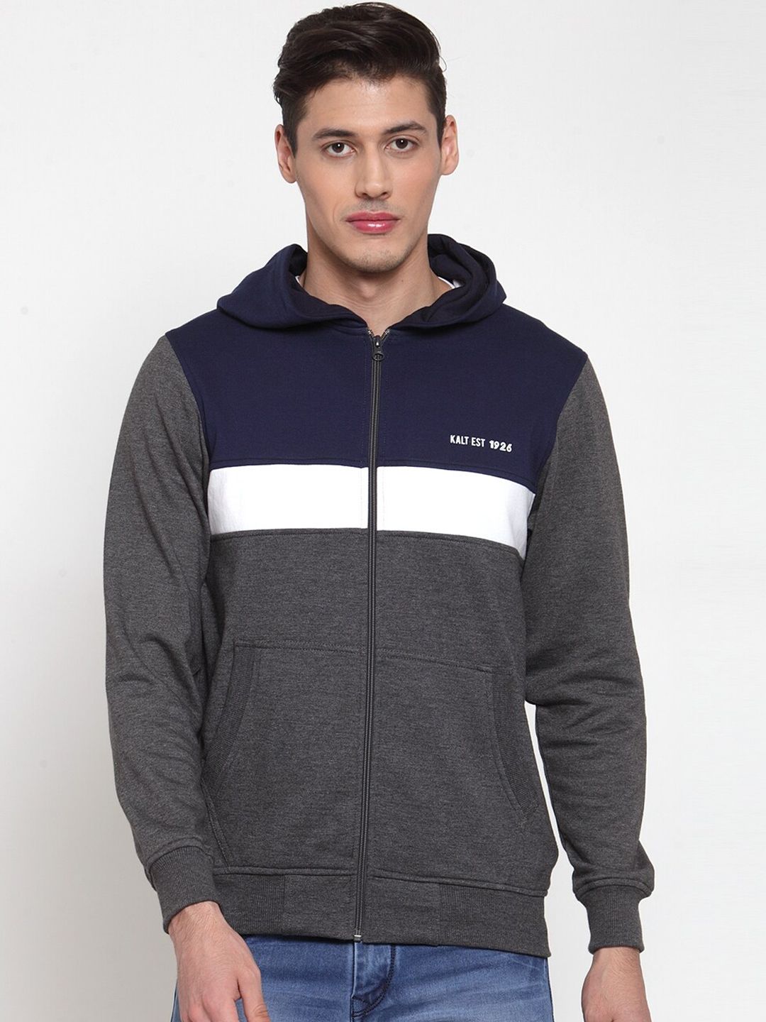 Kalt Men Grey & Navy Blue Colourblocked Hooded Open Front Jacket