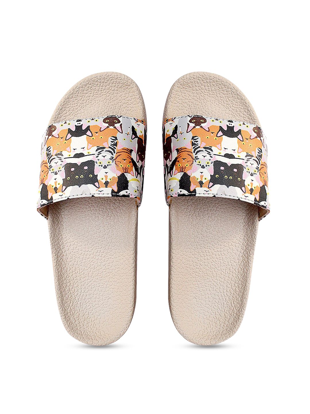 FREECO Women Beige & White Printed Sliders Price in India