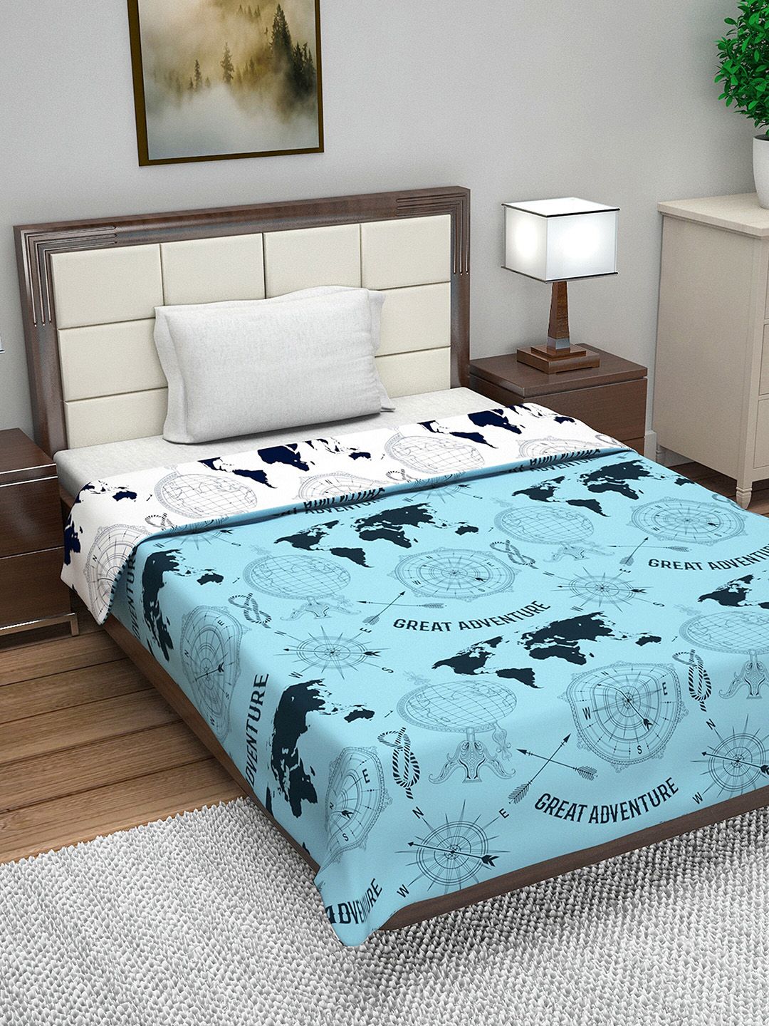 Divine Casa Blue & White Abstract AC Room 110 GSM Single Bed Dohar Price in India