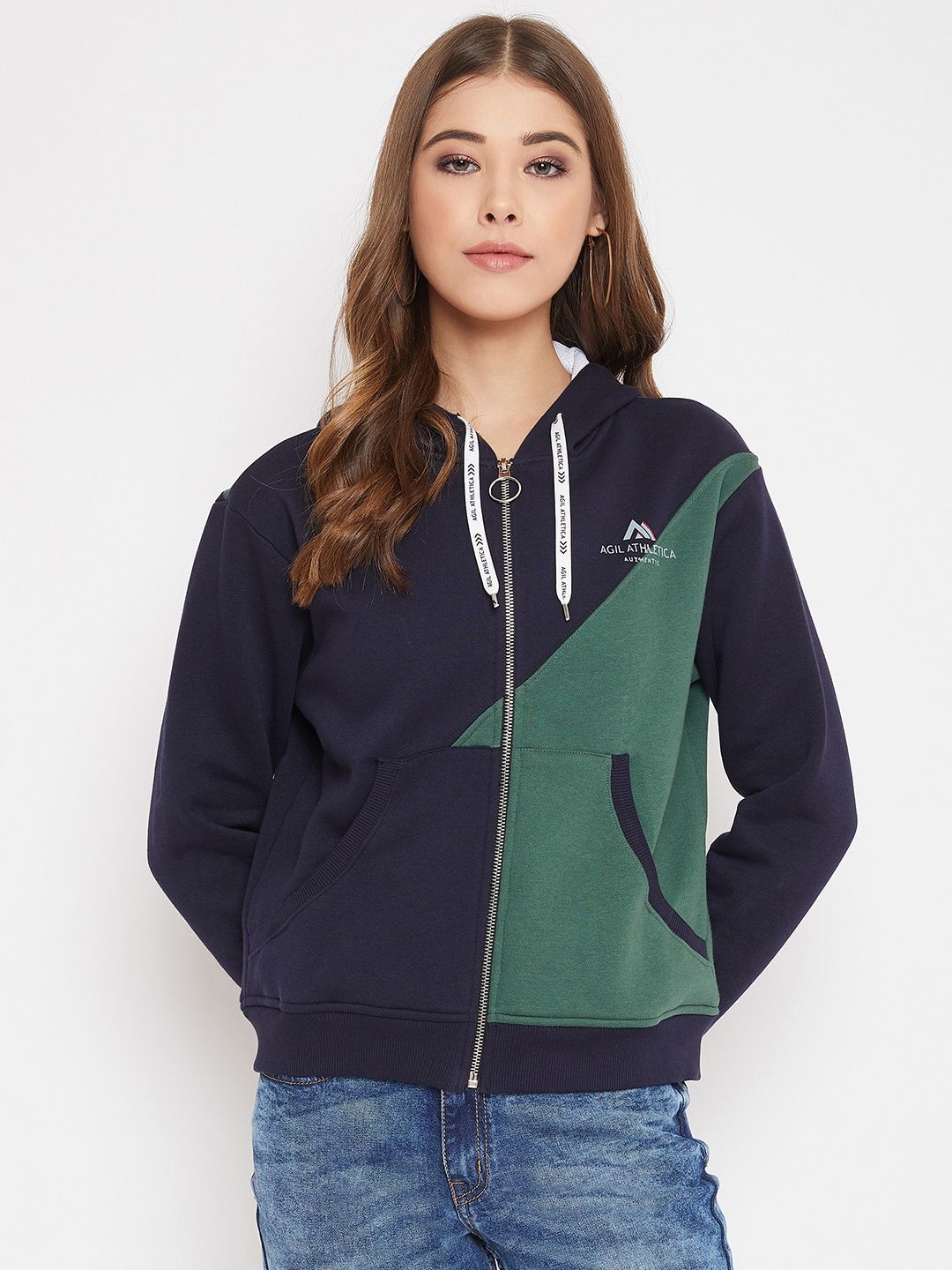 AGIL ATHLETICA Women Navy Blue & Green Colourblocked Bomber Price in India