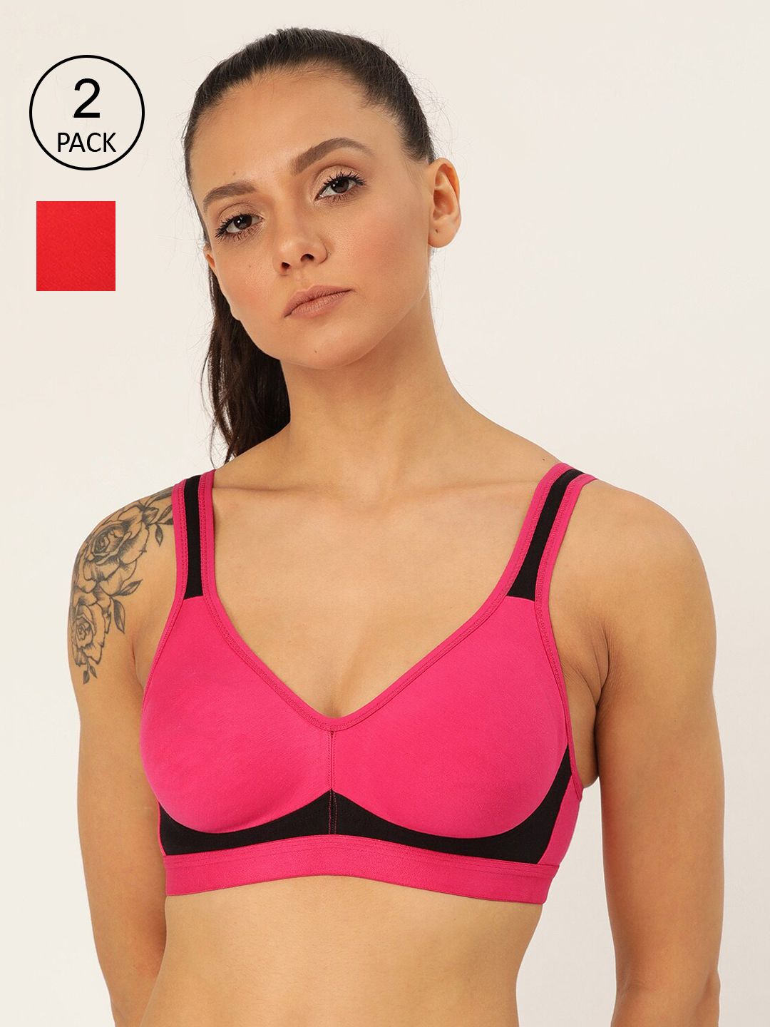 Lady Lyka Fuchsia & Red Colourblocked Non-Wired Non Padded Workout Bra Price in India