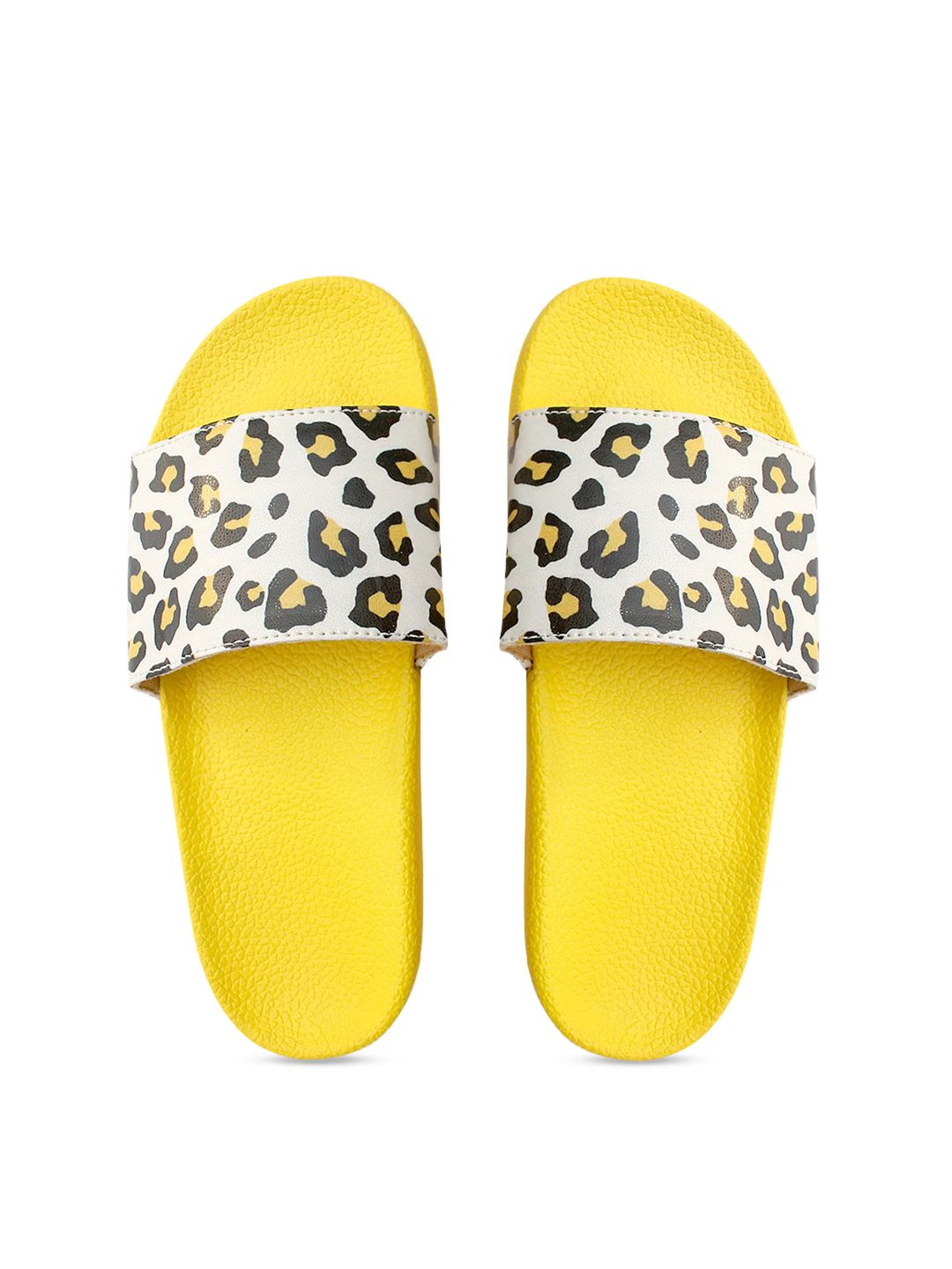 FREECO Women White & Yellow Animal Printed Sliders Price in India